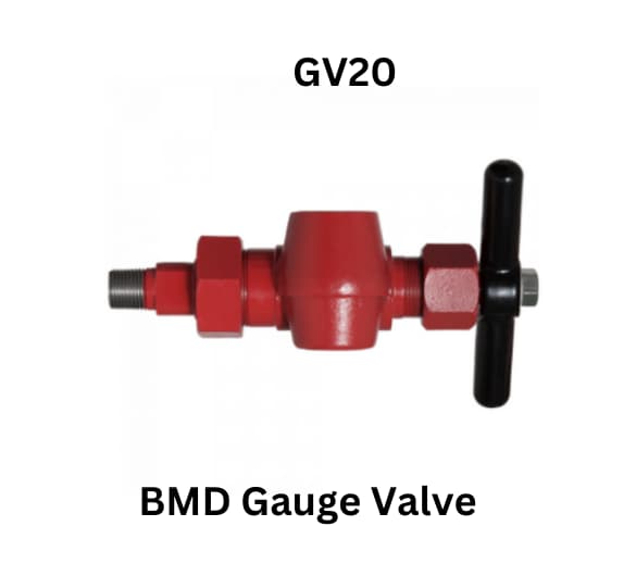 A red valve labeled BMD Gauge Valve prominently displayed against a neutral background